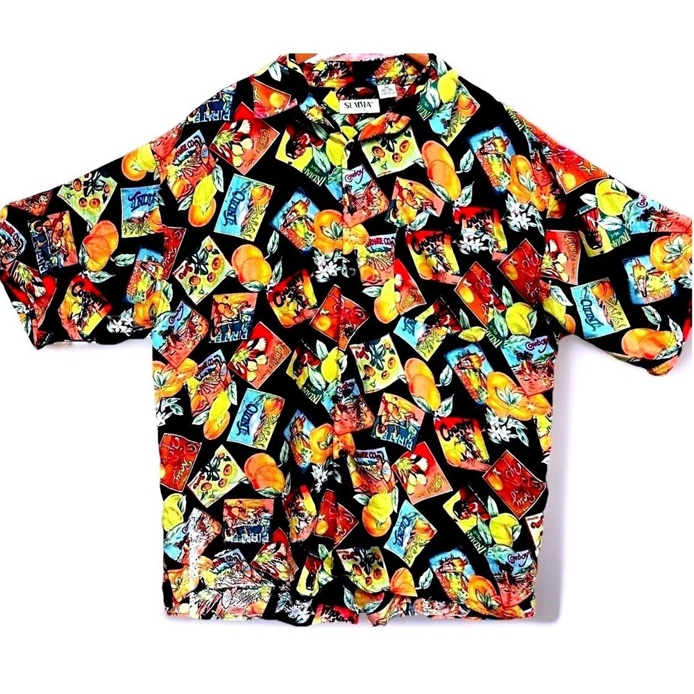 Summa Silk Mens XL Vintage Fruit Crate Label Cowgirl Novelty Print Camp Shirt